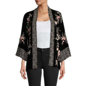 Johnny Was Valentina Velvet Cropped Kimono Jacket Top Black Floral Embroidery NW